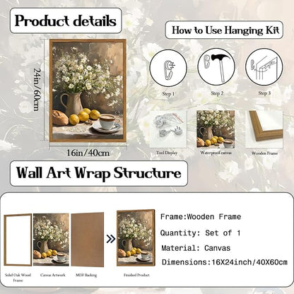 Framed Vintage Kitchen Wall Art, Rustic Floral Lemon Pictures Wall Decor, Cottagecore Coffee Bread Still Life Paintings Canvas Prints Farmhouse Home Decor for Dining Room Living Room 16x24 inch