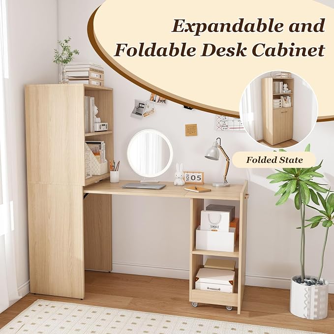 Fold Out Desk with Storage Shelves & Mobile Wheels, Convertible Pull-Out Murphy Desk for Small Spaces | Hidden Writing Computer Desks for Home Office, Apartment & Bedroom(Natural Wood)