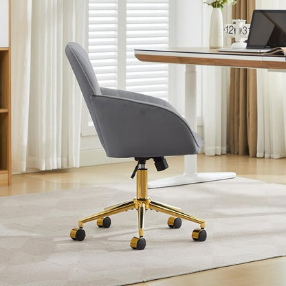 Velvet Home Office Desk Chair, Modern Cute Computer Task Chair with Back, Height Adjustable Upholstered Vanity Chair with Swivel Wheels for Women, Girls (Gold Base, Gray