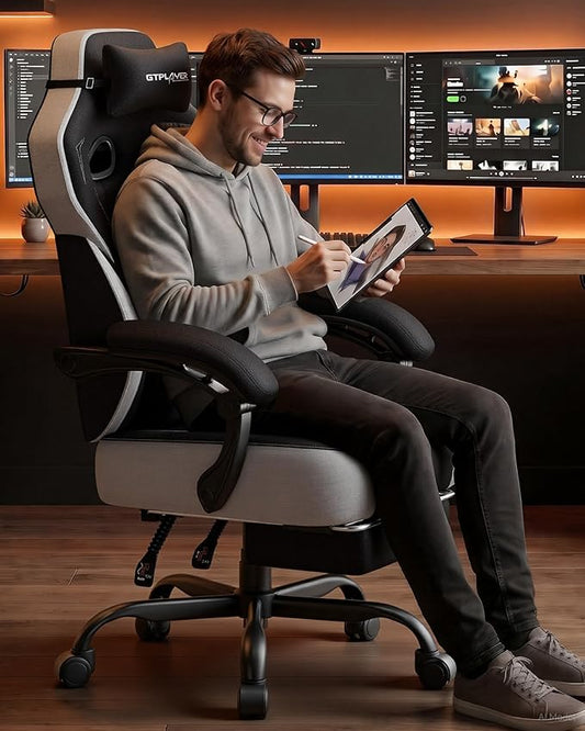 GTPLAYER Big & Tall Gaming Chair, 90°-155° Adjustable Reclining Office Seat with Footrest, Ergonomic Comfy Computer Desk Chair for Adults, Home Office Gaming Study Use, Black & LightGray