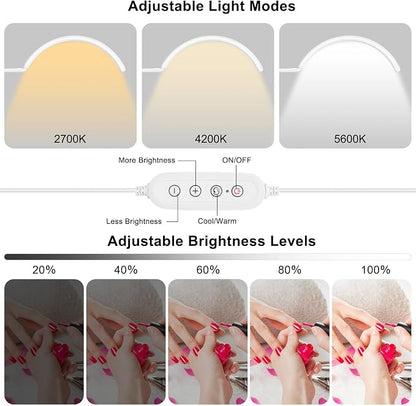 Professional Half Moon LED Desk Light for Nail Techs & Artists – Flexible Gooseneck Lamp with Clamp, 5 Color Modes & 5 Brightness Levels for Manicure, Tattoo, Beauty Work