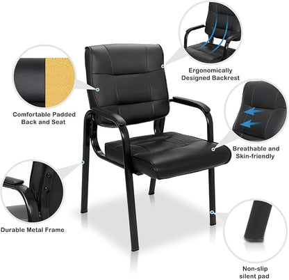 ZenStyle Set of 2 Office Reception Guest Chair No Wheels, Executive Side Chair with Bonded Leather and Black Metal Frame for Waiting Room, Conference Room, Reception Meeting, Lobby