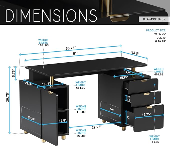 Elegant 57" W Executive Desk with 3 Drawers and Storage Cabinet, Modern Office Desk with Gold Accents, Floating Work Surface, Closed Storage with Ventilation & Adjustable Shelf (Black,Gold)