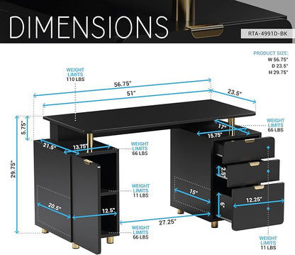 Elegant 57" W Executive Desk with 3 Drawers and Storage Cabinet, Modern Office Desk with Gold Accents, Floating Work Surface, Closed Storage with Ventilation & Adjustable Shelf (Black,Gold)