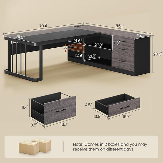 UPOSOJA 71" Executive Desk, Large Office Desk with Drawers & Storage Shelves, Modern L Shaped Computer Desk Corner Desk with Power Outlets, File Cabinet, Business Furniture Desk Workstation (Grey)