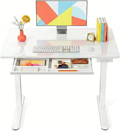 Marsail Glass Standing Desk with Drawer 37 x 22 Inches Stand up Desk Standing Desk Adjustable Height with One-Piece Tempered Glass Top, Ergonomic Home Office Desk with 4 Preset Heights White