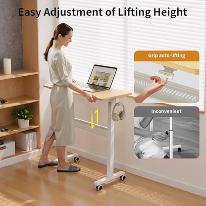 WALKINGDESK Mobile Walking Pad Desk with Wheels, Pneumatic Small Rolling Standing Desk Riser Height Adjustable (28-43.7") for Treadmill, Portable Computer Table for Home Office, Oak