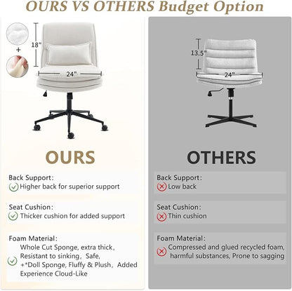 VINGLI Cloud Criss Cross Legged Chair,18" High Back Armless Home Office Desk Chair with Wheels,Wide Adjustable Comfy Padded Seat Task Computer Chair,Modern Swivel Makeup Vanity Chair,Fabric,Beige