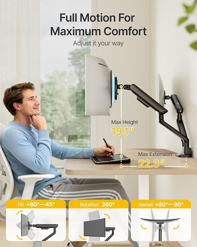 monTEK Mechanical Spring Dual Monitor Arm for 17 to 35" Screens, Aerospace-Grade Aluminum, C-Clamp and Grommet Stand Holding 26.4 lbs Per Arm, Perfect for Ergonomic Office Workspaces, VESA 75/100mm