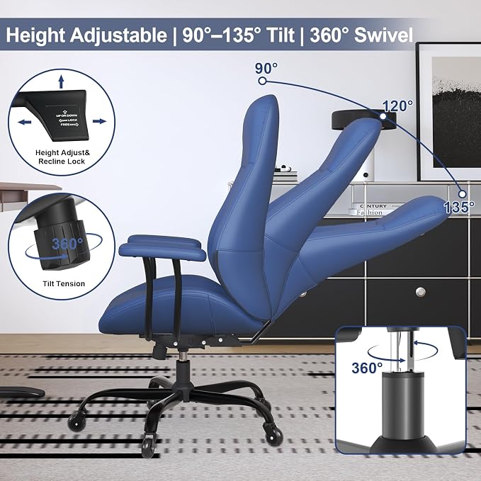 E-Ser Leather Desk Chair, Mid Century Modern Office Chair, Blue | Lumbar Support, Ergonomic, 360° Swivel, Rubber Rolling Wheels, Adjustable Height, for Adults