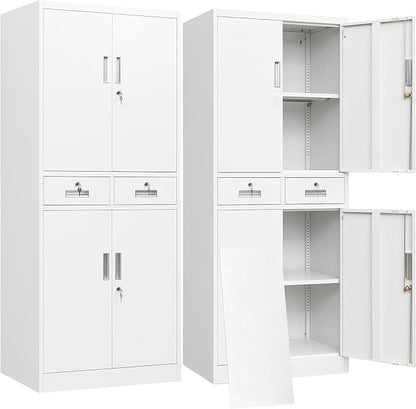 BESFUR Metal Storage Cabinet with 2 Drawers 4 Doors and 2 Adjustable Shelves Garage Storage Cabinet with Lock 71" Office Storage Cabinets Locking Cabinets for Garage Office Shop Home (White)