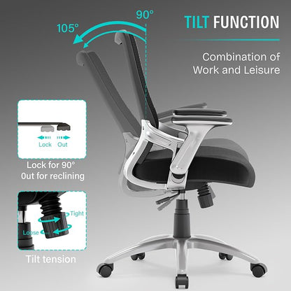SUNNOW Office Chair, Ergonomic Computer Desk Chair, Sturdy Executive Task Chair - Adjustable Lumbar Support, Flip-up Arms, Tilt Function, Comfy Wide Seat, Swivel Mesh Home Office Desk Chairs (Black)