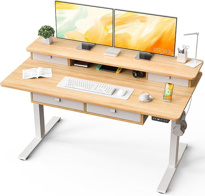 Kingant 63 x 30 Inch Electric Standing Desk with 4 Drawers, Adjustable Height Computer Desk for Home Office, Large Workstation Sit Stand Up Desk with Built-in USB A/C Ports, Nature