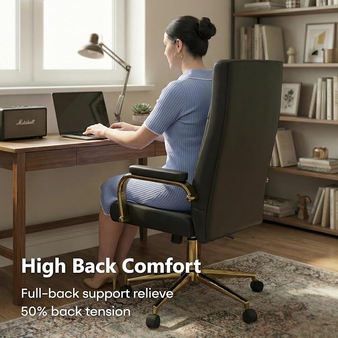 Black and Gold Office Desk Chair Memory Foam, High Back Leather Executive Office Chair with Wheels and Arms for Women Girls Teens Adults