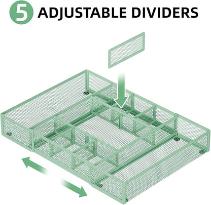 Marbrasse Expandable Desk Drawer Organizer, Mesh Drawer Organizer Tray with 10 Adjustable Compartments, Desk Organizers and Accessories for Office Supplies, Makeup & Vanity (Expandable-Green)