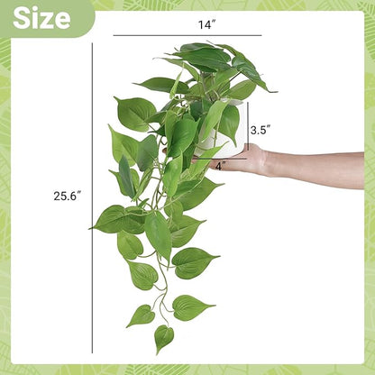 Mkono Fake Hanging Plants with Ceramic Pot, 25" Artificial Plants for Home Decor Indoor Faux Green Leaf Plant with Modern White Planter for Desk Shelf Bathroom Decoration (Pothos) (Green)