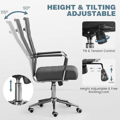 Office Desk Chair, Leather Conference Room Chairs with Wheels and Arms, Modern Ergonomic High Back Executive Ribbed Height Adjustable Swivel Chair for Home Office (Grey)