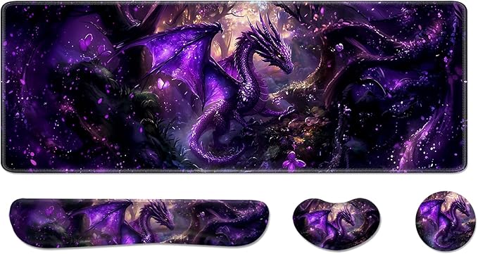 Desk Pad and Keyboard Wrist Rest, Large Mouse Pad + Keyboard Pad+Mouse Wrist Support, Non-Slip Desk Mat Protector for Office, Home 31.5×11.8 Inches Anime Dragon