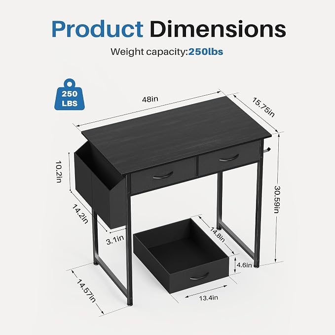 OLIXIS 32 Inch Small Desk with Fabric Drawers for Home Office, Gaming Computer Desk with Side Bag & Headphone Hook, Writing Study Work Table for Bedroom Small Space, Black
