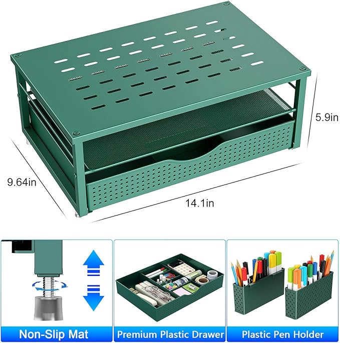 gianotter Desk Organizers and Accessories, Monitor Stand with Drawer and 2 Pen Holder, Desktop Organizer Suitable for Offices and Dormitories (Green)