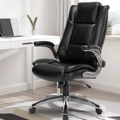 MALOL Leather Executive Office Chair - High Back Home Computer Desk Chair with Padded Flip-up Arms, Adjustable Tilt Lock, Swivel Rolling Ergonomic Chair for Adult Working Study, Black
