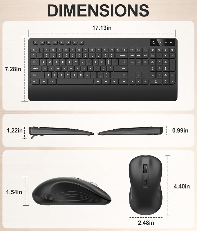 Quiet Wireless Keyboard and Mouse Combo – 3-Level DPI Silent Mouse, Full-Size Ergonomic Wrist Rest, 2.4GHz Plug-and-Play, Multimedia Hotkeys for Windows Computer/Laptop, Black