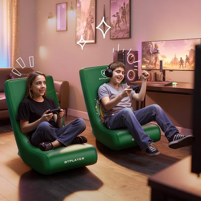 GTPLAYER Gaming Floor Rocking Chair – Rocker Floor Game Chair with Angle Limiter, Stylish Patterned Design, Comfortable Video Game Seat, Green Cat Pattern