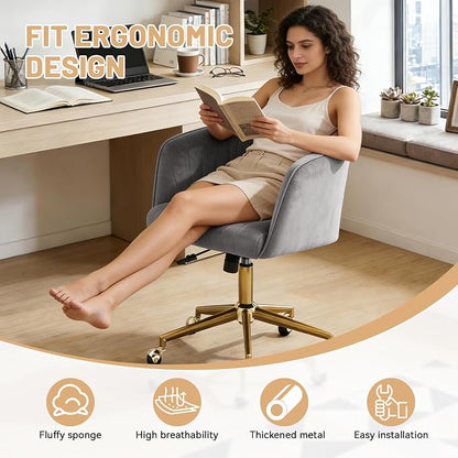 Vanity Chair with Back 360 Swivel Armchair and Gold Base, Criss Cross Chair with Wheels for Vanity Home Office, Living Room, Bedroom and Study (Grey)