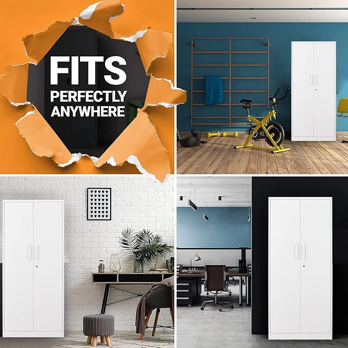 Fesbos Metal Storage Cabinet-71” Tall Steel File Cabinets with Lockable Doors and Adjustable Shelves-White Steel Storage Cabinet for Home, School, Office, Garage