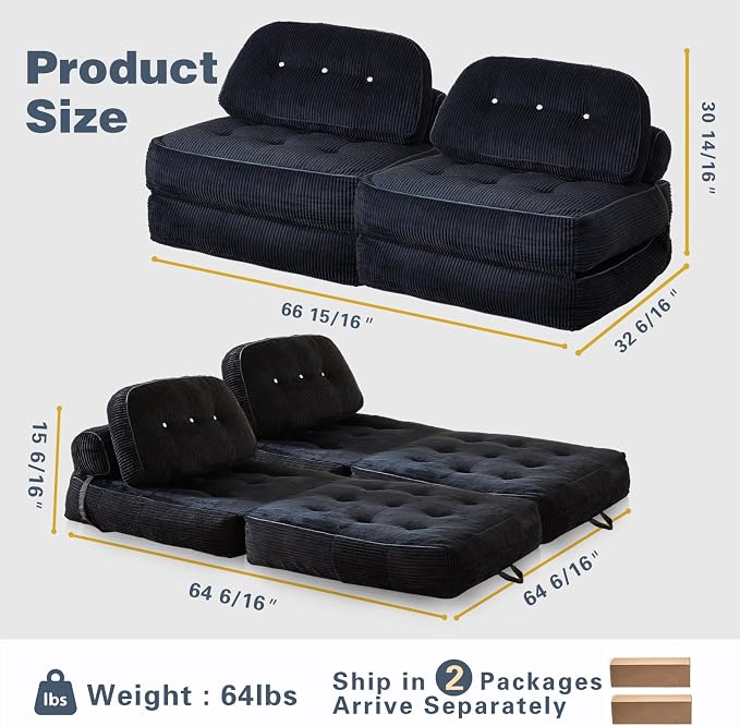 Folding Sofa Bed, Flannel Futon Couch Bed with Pillow and Blanket, Convertible Sleeper Chair for Living Room Bedroom (Two Black)