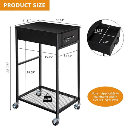 YBING PC Stand 2 Tier Computer Tower Stand with Drawer Mobile Computer Cart with Storage Metal CPU Holder on Wheels Pc Tower Stand Black Rolling Computer Tower Stand Floor for Office