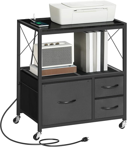 MAHANCRIS File Cabinet with Charging Station, 3 Drawer Lateral Filing Cabinet for Home Office, Mobile Printer Stand with Open Shelf, Fits A4/Letter Size File, Nonwovens Drawer, Black FCHB98E01