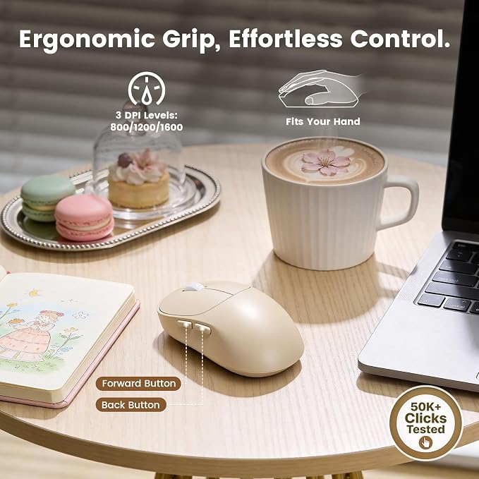 Wireless Keyboard and Mouse Combo, Magnetic Soft-Touch Wrist Rest, Round Keycaps, Full-Size Retro Typewriter Keyboard, 2-Stage Tilt Legs, Auto Sleep, 2.4GHz Cordless for Windows PC, Beige-Brown Ombre
