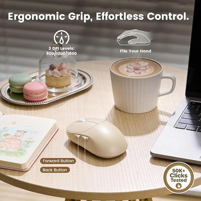 Wireless Keyboard and Mouse Combo, Magnetic Soft-Touch Wrist Rest, Round Keycaps, Full-Size Retro Typewriter Keyboard, 2-Stage Tilt Legs, Auto Sleep, 2.4GHz Cordless for Windows PC, Beige-Brown Ombre