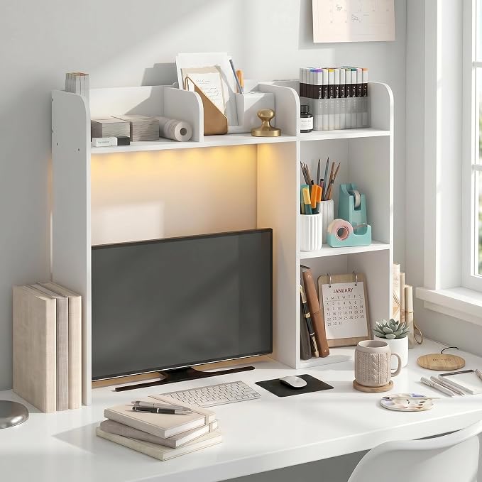 Furinno Classic Desk Shelf with LED Lights, 5-Shelf Hutch, White | LED Desktop Book Shelf, Desk Organzier, for Office Supplies, Office Desk Accessories