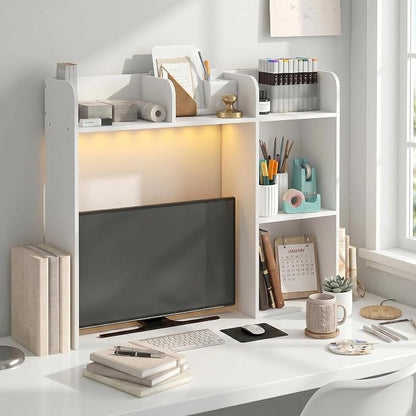 Furinno Classic Desk Shelf with LED Lights, 5-Shelf Hutch, White | LED Desktop Book Shelf, Desk Organzier, for Office Supplies, Office Desk Accessories