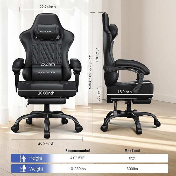 GTPLAYER Big and Tall Gaming Chair with Footrest, Ergonomic Office Desk Chair with 4.4in Thick Cushion and Wide Wingless Seat, Comfortable Leather Computer Chair, Predator Series, Satin Black