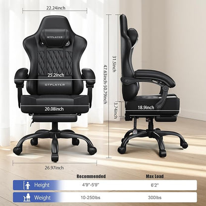 GTPLAYER Big and Tall Gaming Chair with Footrest, Ergonomic Office Desk Chair with 4.4in Thick Cushion and Wide Wingless Seat, Comfortable Leather Computer Chair, Predator Series, Satin Black