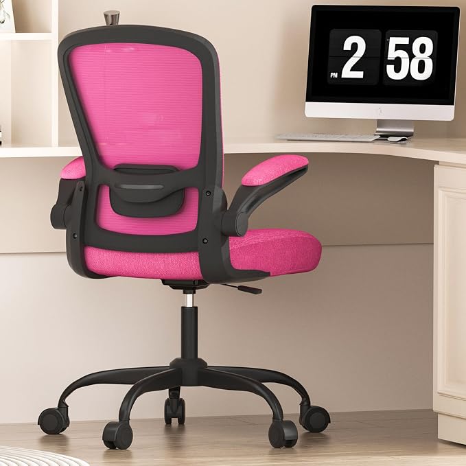 Mimoglad Ergonomic Office Chair - Desk Chair with Flip-up Armrests & 135° Recline, Adjustable Lumbar Support - Space-Saving Task Chair for Business/Team Office & Home (Modern, Rose-Carmine)