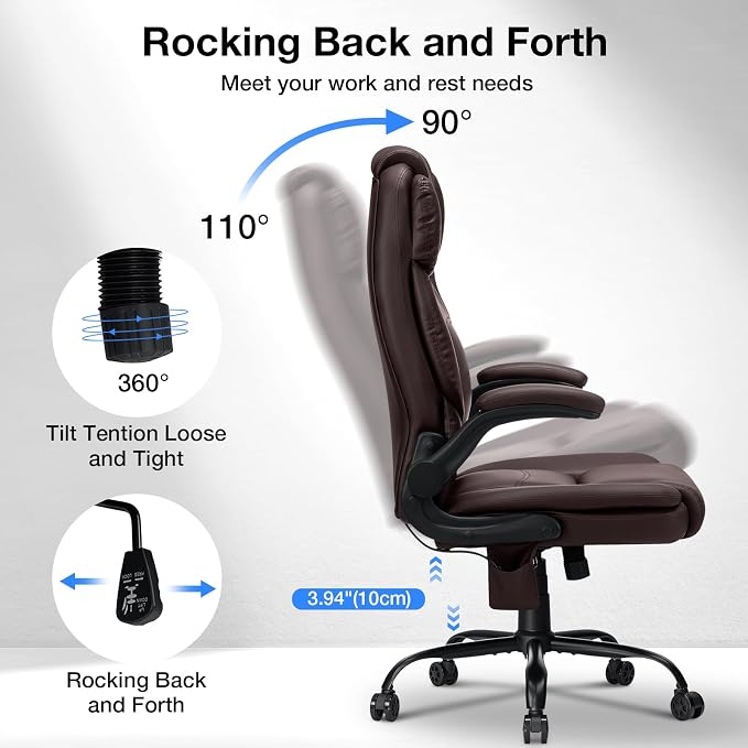 Big and Tall Office Chair 450lbs Heavy Duty Executive Desk Chair with Adjustable Lumbar Support High Back Ergonomic Home Computer Leather Chair with Padded Flip-up Arms for Heavy People,Brown