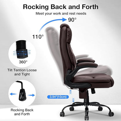 Big and Tall Office Chair 450lbs Heavy Duty Executive Desk Chair with Adjustable Lumbar Support High Back Ergonomic Home Computer Leather Chair with Padded Flip-up Arms for Heavy People,Brown