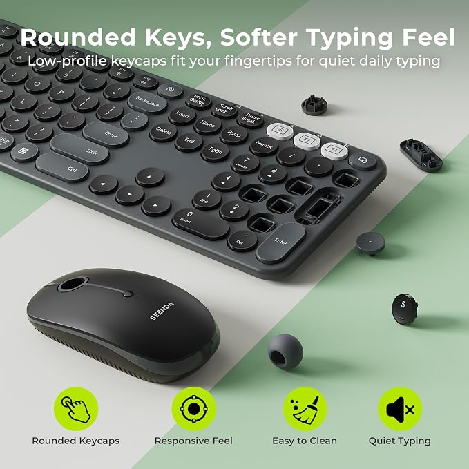 seenda Wireless Bluetooth Keyboard Mouse Combo, COE202 Retro Cute Round Keyboard, Silent Mouse, 3 Multi-Device Connection, Full Size Compatible for PC/Laptop/Mac/MacBook/iPad/Tablet, Black