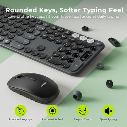 seenda Wireless Bluetooth Keyboard Mouse Combo, COE202 Retro Cute Round Keyboard, Silent Mouse, 3 Multi-Device Connection, Full Size Compatible for PC/Laptop/Mac/MacBook/iPad/Tablet, Black