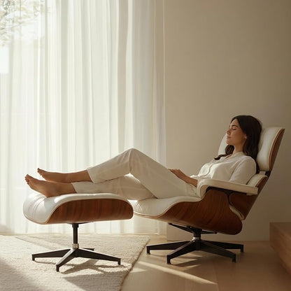 Top White Grain Leather Accent Chair,Mid Century Lounge Chair with Ottoman Chase Lounge Chair Indoor, Modern Chair Classic Design,Heavy Duty Base Support for Living Room Office Walnut White