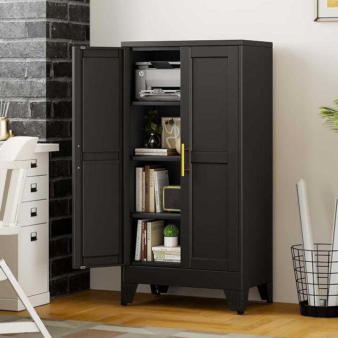 pozdeg 47.24" Tall Metal Storage Cabinet with 2 Doors & 3 Adjustable Shelves, Steel File Cabinet Multipurpose Organizer for Home Office Garage (Black)