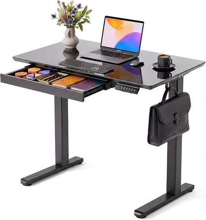 INNOVAR Glass Standing Desk with Drawers, 35×20 Inch Adjustable Stand Up Desk, Quick Install Home Office Computer Desk, Black