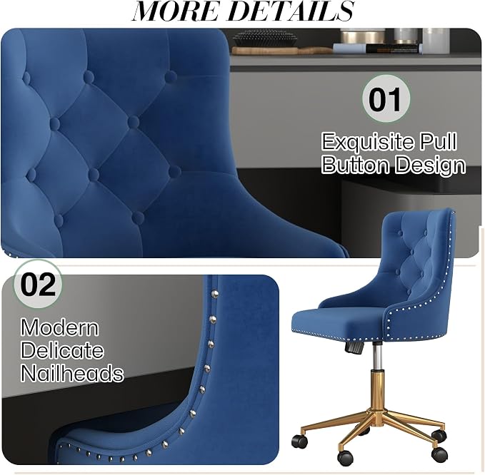 Velvet Armless Home Office Desk Chair, Swivel Height-Adjustable Small Cute Vanity Chair for Women/Girls, Comfy Makeup Chair with Rivet and Gold Base for Living Room, Bedroom(Blue)