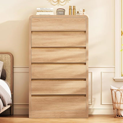 TEENFON Tall Dresser for Bedroom with 6 Drawers, 49.2" Tall Dressers & Chest of Drawers with Curved Profile Design, Wood Closet Storage Dressers Organizer for Bedroom, Living Room, Natural