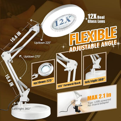 Toolastra 12X Magnifying Glass with Light and Stand, 144 LEDs Brightest Desktop Magnifying Lamp, 10 Dimmable Brightness 5 Color Modes, Hands Free Metal Desk Lamp for Craft Reading Painting (White)