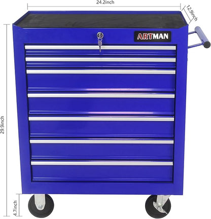 RYH 7 Drawers Rolling Tool Chest & Tool Box on Wheels | Heavy Duty Metal Cart with Ball Bearing Drawers | Fits US General Tool Box for Garage Storage (Blue, 7 Drawers（29.9" H × 24.2" W × 12.9" D)